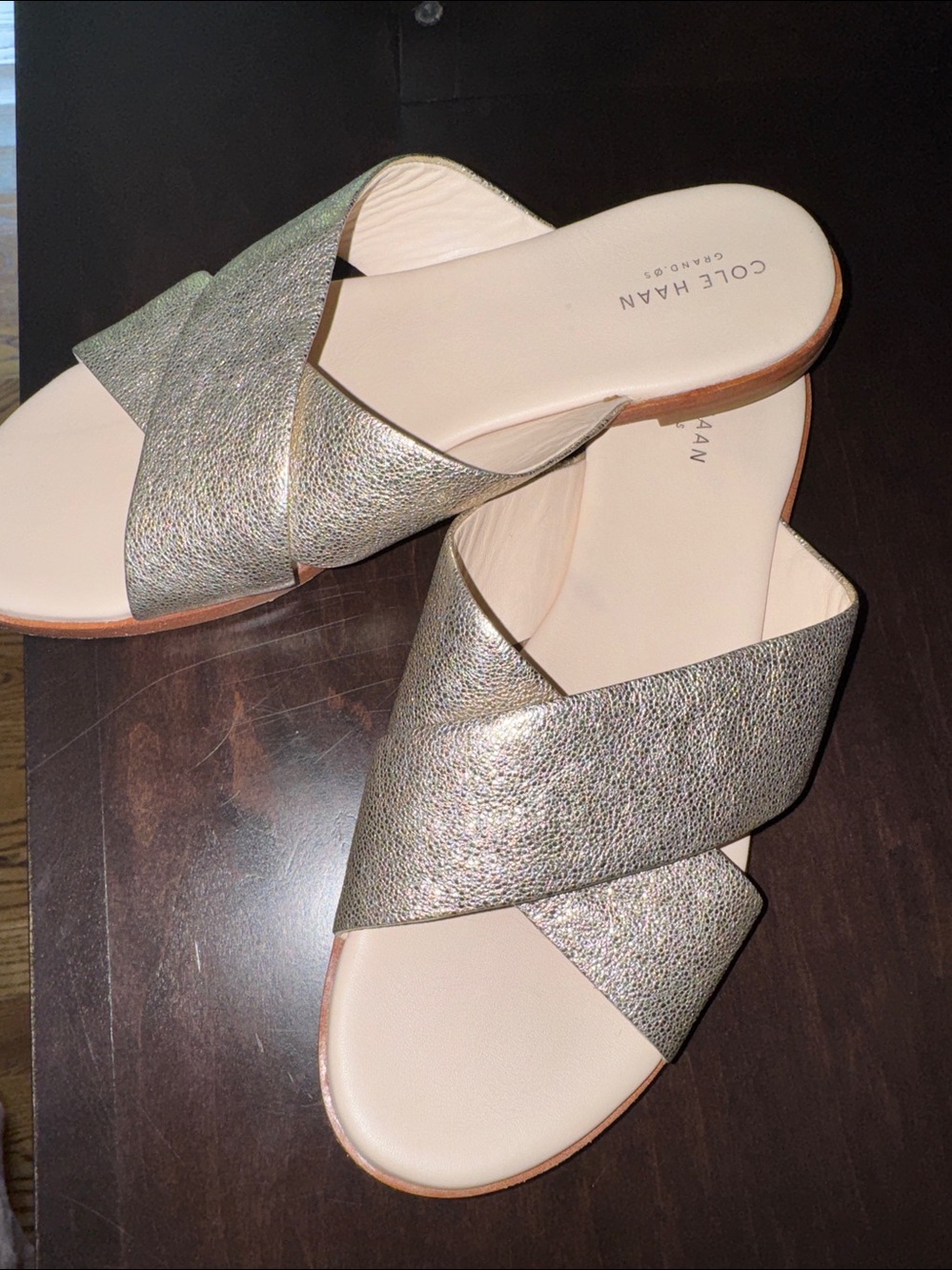 Cole Haan gold leather slides sandals grand OS worn twice sz 9 Anika